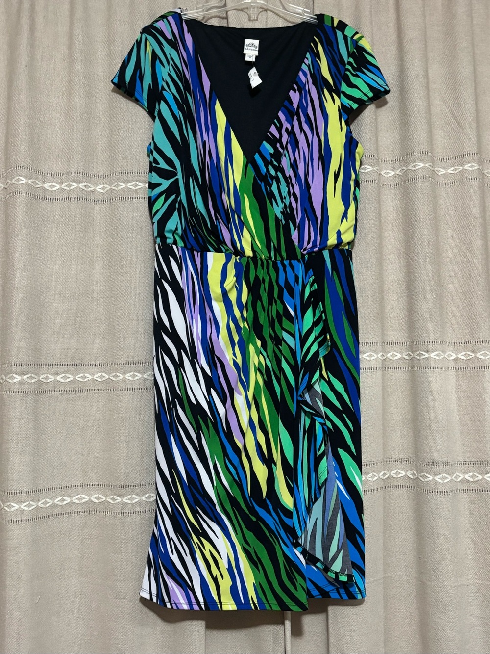 Sangria Colorful Abstract Zebra Print Short Sleeve Faux Wrap Dress Size 10